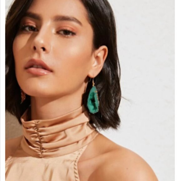 14K Gold Geode Resin Stone Drop Teardrop Earrings - Picture 4 of 9